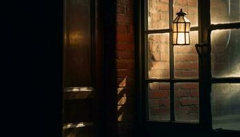 Antiguidade lanterna ilumina velho formado casa interior com brilhando vela chama gerado de ai foto