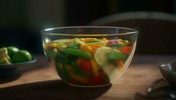 fresco vegetariano salada tigela com orgânico verde legumes e tomates gerado de ai foto
