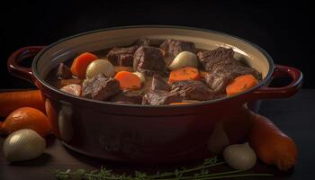 refogado carne ensopado com fresco legumes dentro rústico louça tigela gerado de ai foto