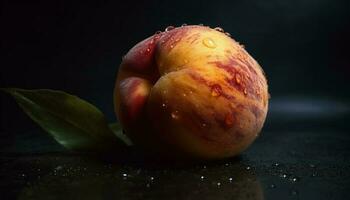suculento maçã, maduro pêssego, e doce tomate em molhado folha gerado de ai foto