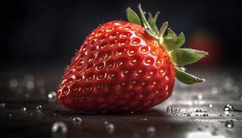 suculento morango fatia em de madeira mesa, refrescante verão lanche gerado de ai foto