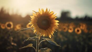 dourado girassol flores dentro vibrante rural Prado debaixo azul céu gerado de ai foto