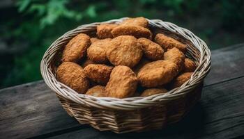 fresco orgânico fruta lanche dentro uma rústico vime cesta amontoar gerado de ai foto