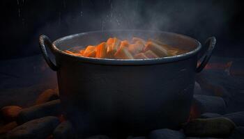 gourmet ensopado cozinhou sobre uma brilhando fogueira dentro fundida ferro gerado de ai foto