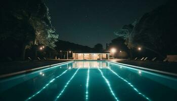 tranquilo noite nadar dentro iluminado azul piscina reflete estrelado galáxia gerado de ai foto