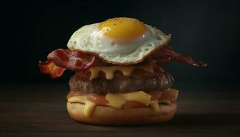 grelhado carne sanduíche em de madeira placa, americano velozes Comida cultura gerado de ai foto