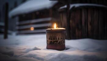 luz de velas ilumina inverno celebração, brilhando em gelado mesa decoração gerado de ai foto