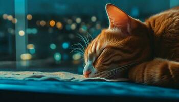encantador gengibre gatinho em repouso confortavelmente, encarando com sonolento olhos gerado de ai foto