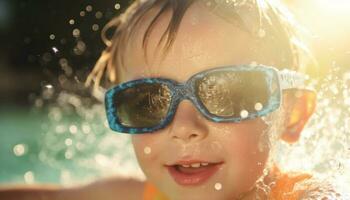 fofa caucasiano criança goza verão Diversão jogando dentro natação piscina gerado de ai foto