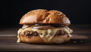 grelhado Hamburguer de queijo em uma pão com cebola e tomate gerado de ai foto