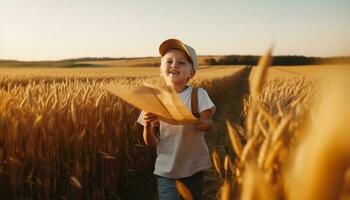 1 criança sorridente, segurando trigo, desfrutando natureza beleza às pôr do sol gerado de ai foto