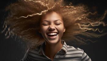 jovem mulher com encaracolado Castanho cabelo sorridente alegremente ao ar livre gerado de ai foto