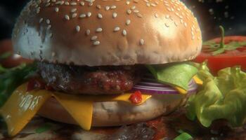 grelhado gourmet Hamburguer de queijo com fresco carne bovina, tomate, e queijo cheddar queijo gerado de ai foto