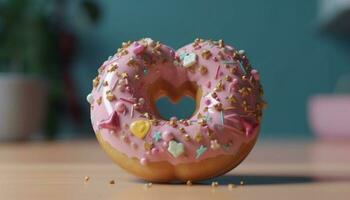 coração em forma rosquinha com Rosa glacê, multi colori granulados, e morango decoração gerado de ai foto