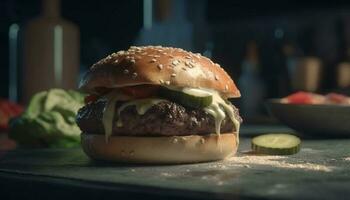 grelhado Hamburguer de queijo em rústico de madeira mesa com francês fritas e salada gerado de ai foto