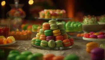 uma colorida gourmet sobremesa mesa com Macarrão, biscoitos, e chocolates gerado de ai foto