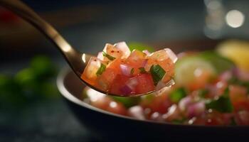 saudável vegetariano salada com fresco orgânico legumes em de madeira prato gerado de ai foto