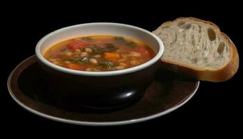 saudável vegetal sopa com caseiro pão e fresco salsinha guarnição, enfeite, adorno gerado de ai foto