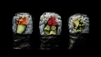 saudável frutos do mar refeição com fresco maki Sushi e abacate fatia gerado de ai foto