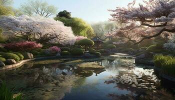 tranquilo cena do uma formal jardim com multi colori flores e reflexão gerado de ai foto