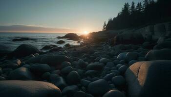 tranquilo pôr do sol sobre rochoso litoral, água reflete beleza do natureza gerado de ai foto
