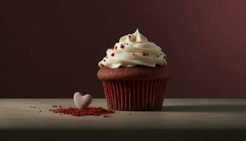 coração em forma Bolinho com chocolate glacê, uma doce celebração do amor gerado de ai foto