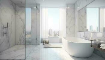 moderno elegância dentro uma luxuoso doméstico banheiro com mármore pavimentos gerado de ai foto