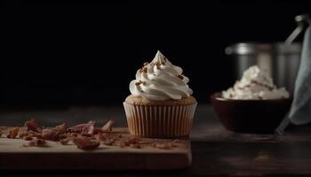 indulgente caseiro bolos de copo com chocolate glacê, uma gourmet sobremesa deleite gerado de ai foto