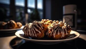 caseiro francês sobremesa prato com cozido chocolate eclair e profiterole gerado de ai foto