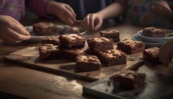 caseiro chocolate lasca biscoitos resfriamento em rústico de madeira mesa gerado de ai foto