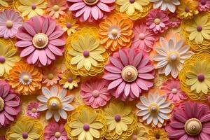 3d amarelo e Rosa flores em camadas formulários, papel acolchoado padrão, vibrante cores. ai generativo foto
