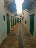 trilha dentro tetouan medina entre verde de madeira portas foto