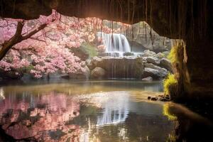 cachoeiras estão queda em, raios solares estão tocante a água e cristais e refletir a luz, musgo plantas e linda flora. ai generativo foto