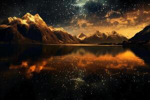 dourado fantasia estrelado céu às noite, imponente montanhas, Claro espumante lago superfície. ai generativo foto