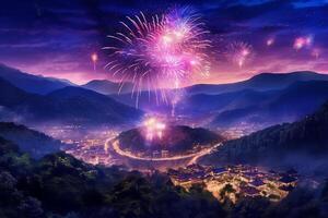 fogos de artifício em a montanha. ai generativo foto