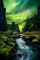 Islândia flora rodopiando noite céu aurora boreal canyon. ai generativo foto