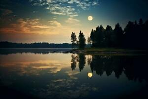 foto do lago com lua reflexão. ai generativo