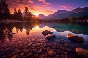 cenário uma cativante cena do uma tranquilo lago às pôr do sol. ai generativo foto