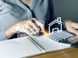 real Estado investimento Ideias Comprar casa e propriedade valor real Estado conectados em uma virtual tela. casa procurar. propriedade impostos. foto