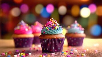 aniversário bolos de copo com borrão fundo colorida balões. generativo ai foto