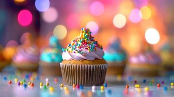 aniversário bolos de copo com borrão fundo colorida balões. generativo ai foto