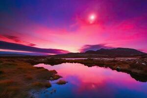 ai gerado a céu estava uma brilhante sombra do Rosa e roxo, fundição uma sonhadores brilho sobre a fantasia panorama. foto