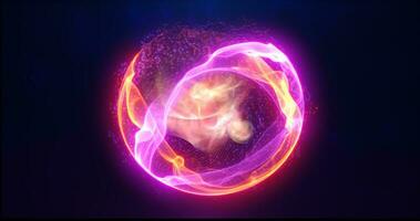 laranja energia esfera com brilhando brilhante partículas, átomo com elétrons e elétrica Magia campo científico futurista oi-tech abstrato fundo foto