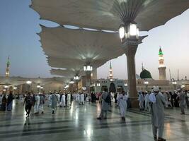 medina, saudita Arábia, pode 2023 - lindo manhã Visão do masjid al nabawi, medina. visitantes, pátios lado de fora a mesquita, lindo luzes, e eletrônico guarda-chuvas pode Além disso estar visto. foto