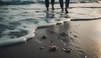 descalço amor caminhando em molhado areia juntos gerado de ai foto