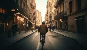 silhueta ciclismo através cidade ruas às crepúsculo gerado de ai foto
