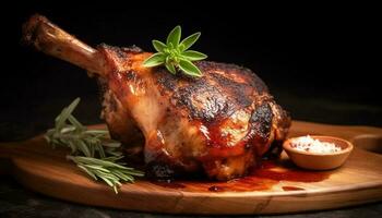 grelhado carne em madeira placa, cozinhou para gourmet perfeição gerado de ai foto