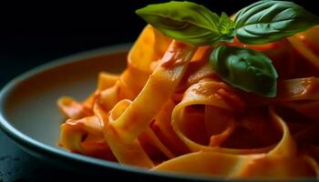 saudável italiano massa refeição com fresco tomate e erva guarnição, enfeite, adorno gerado de ai foto