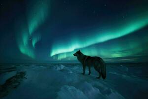 ai gerado congeladas tundra às noite, apresentando uma dançando aurora boreal iluminador a céu e uma Lobo uivando dentro a distância. foto