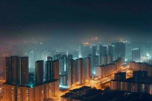 ai gerado panorâmico Visão do uma moderno cidade às noite com alta tecnologia iluminação foto